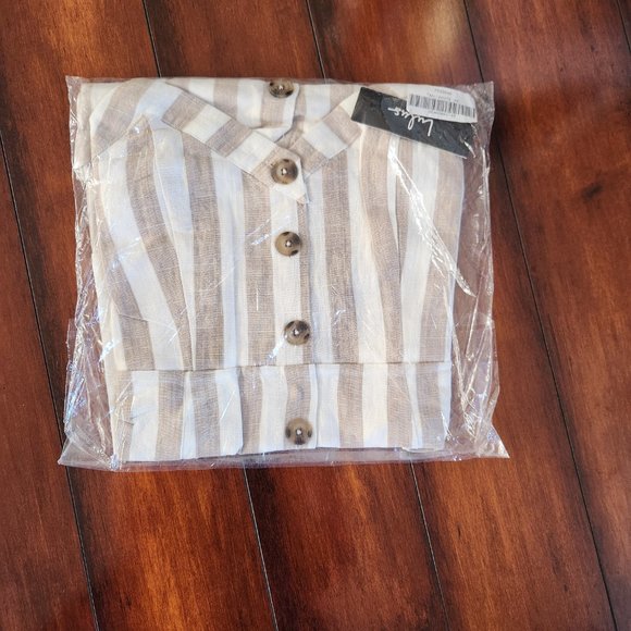 LULUs Tan & White Stripped Button Front Mini Dress (XS) |*SMOCK BACK 2 FIT BOOBS - Picture 5 of 7